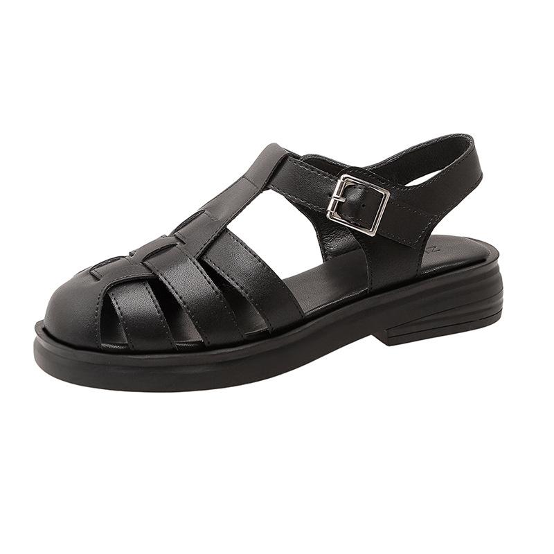 Leather Roman shoes sandals women's new fashion casual versatile bag head shoes woven hollow flat platform women's shoes