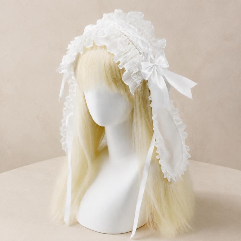 Rabbit Ears Headband Gothic Lace Hair Accessory with Satined Bowknot and Tie Back for Halloween Party and Anime Event Photo Styling