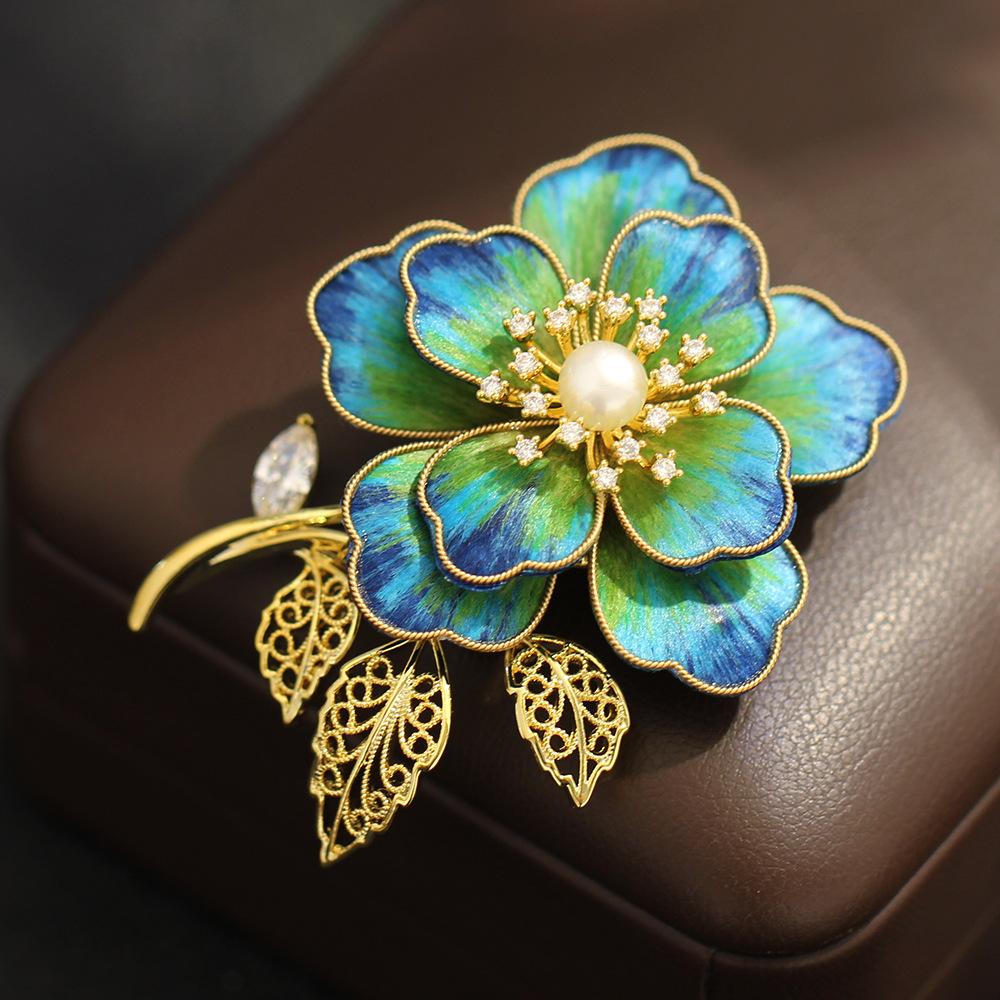 Elegant Retro Intangible Cultural Heritage Craftsmanship Blue Velvet Peony Brooch Atmospheric Freshwater Pearl Bouquet Pin Brooch Female