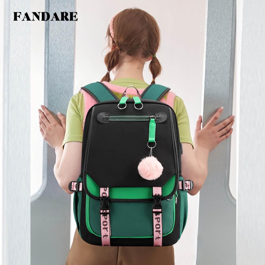 FANDARE Women's Cute Backpack with Fur Ball Charm, USB Charging Port, Earphone Hole, Compatible with 15.6-inch PCs, Large Capacity, Multifunctional