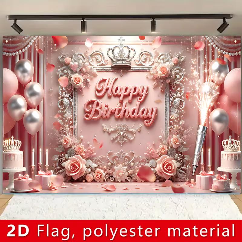 2D Princess Birthday Background Cloth, Pink Balloon & Rose Tapestry