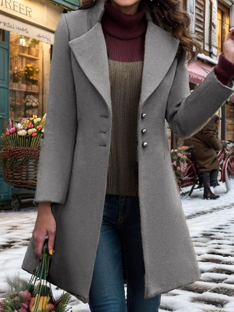 Women's Mid-Length Wool Coat with Turn-Down Collar - Slim-Fit, Solid Color, Casual Autumn/Winter Outerwear.