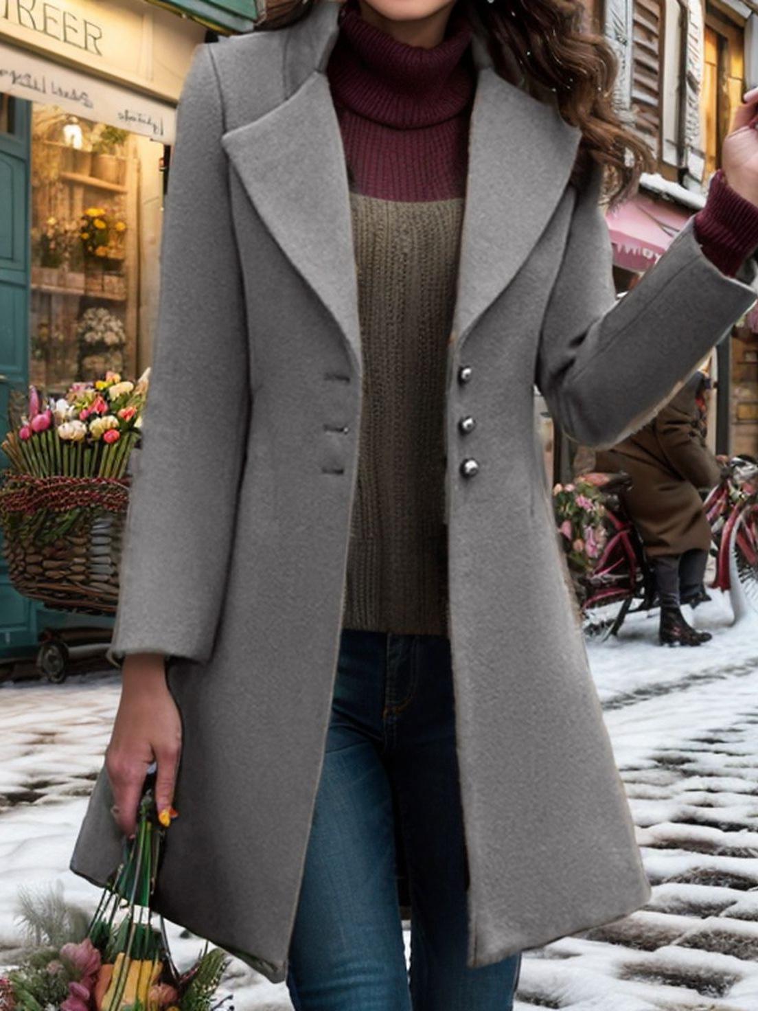 

Women s European & American Solid Color Slim-Fit Woolen Coat - Mid-Length Lapel Jacket for Autumn/Winter XL