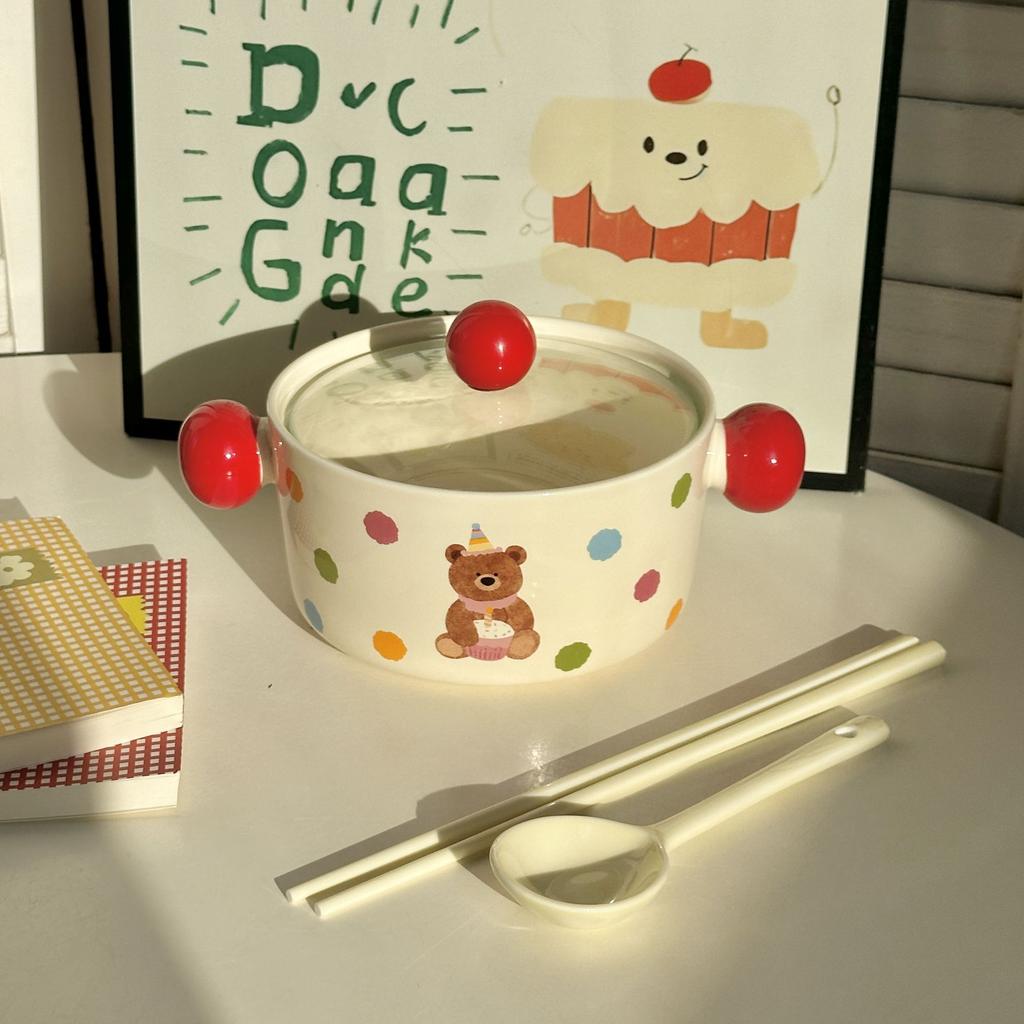 Ins Cream Wind Cute Cartoon Ceramic Binaural Instant Noodle Bowl Snail Powder Bowl Noodle Bowl Soup Bowl with Lid