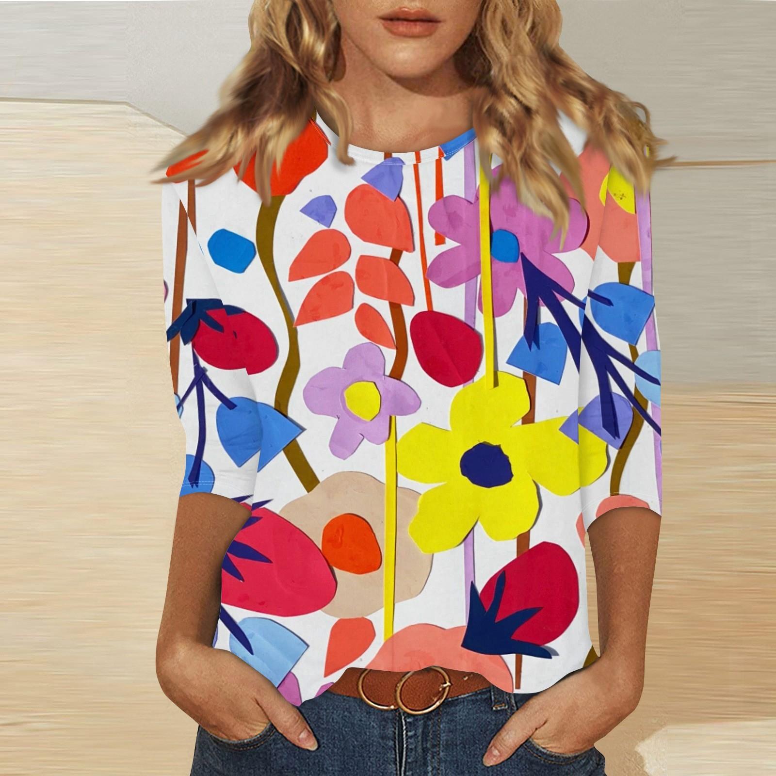 

Женская мода с рукавом три четверти и круглым вырезом в акварельном стиле, свободная повседневная рубашка с принтом, топ XL красный