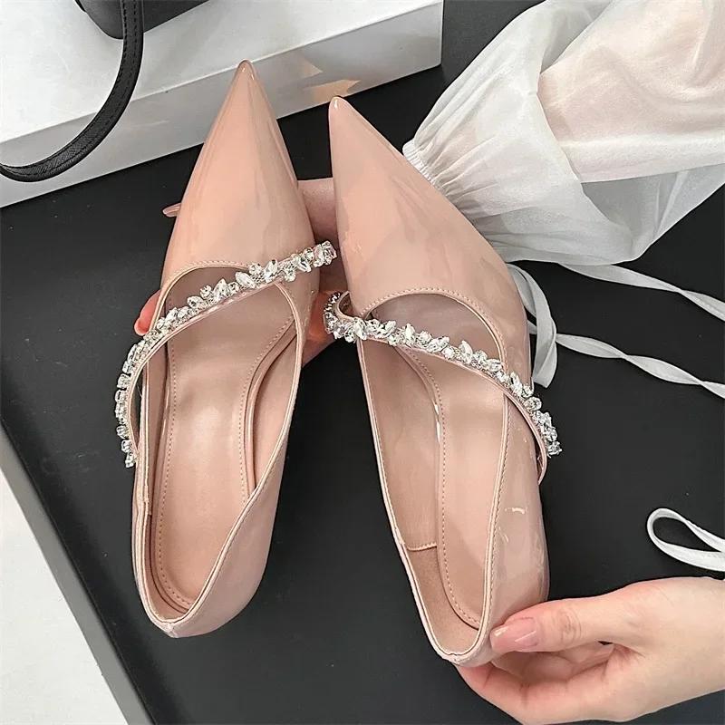 

High Quality Rhinestone Decoration Women Pumps Sexy Pointed Toe Patent Leather Thin High Heels Elegant Party Dress Mules Shoes 40 абрикосовый