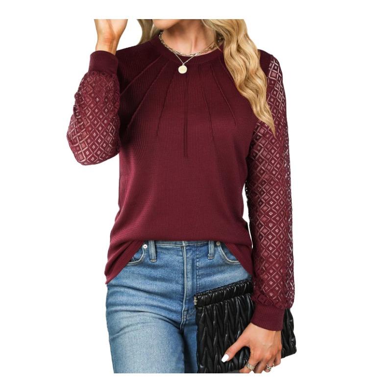Spring Autumn Women's Plus Size Waffle Lace Splicing Long Sleeve Round Neck Top