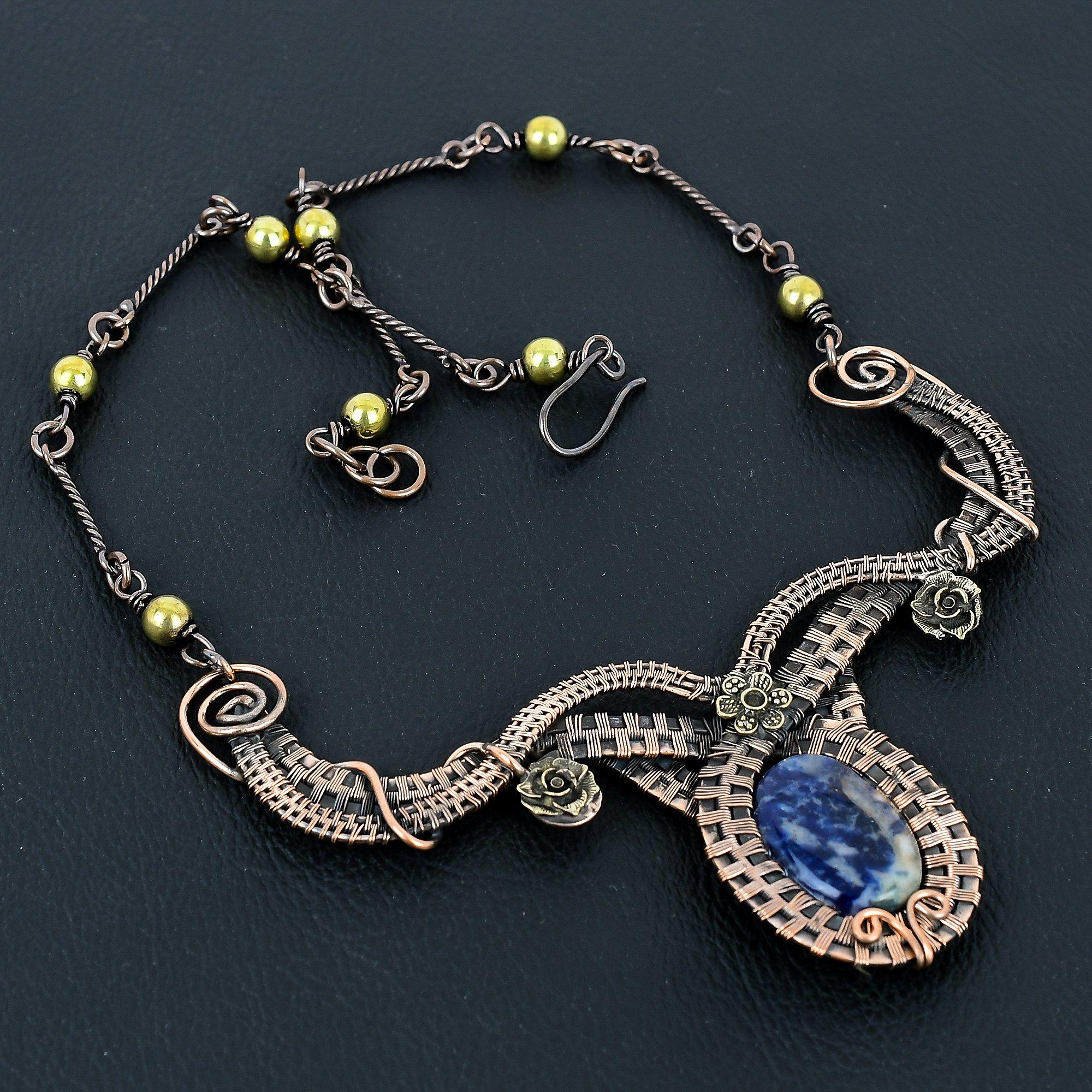 

Sodalite Necklace Handmade Jewelry, 999 Copper Wire Wrapped Necklace Designer Gemstone Jewelry Adjustable Chain Necklace Gift For