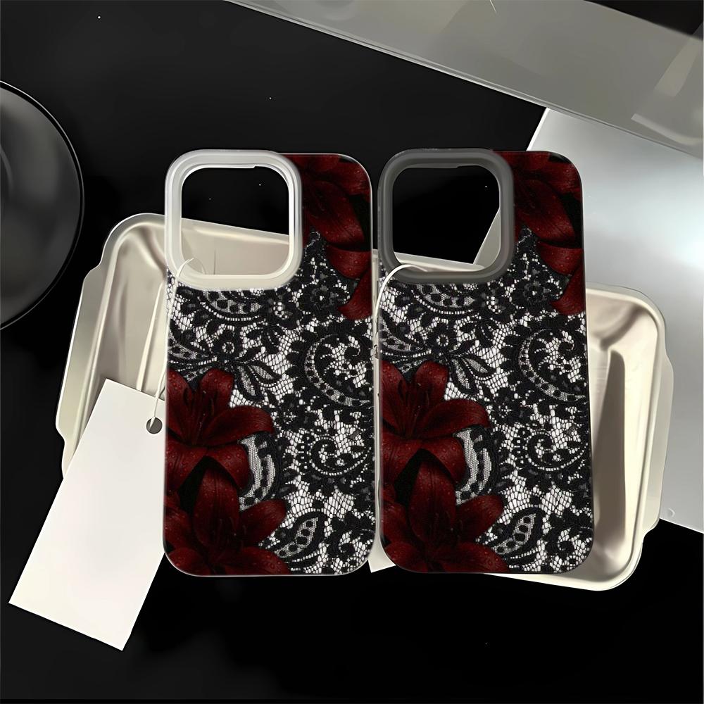 Lace Red Flower Phone Case For iPhone 17 Air 16 14 15 Pro Plus 13 12 11 Pro Max 16e XR XS Shockproof Silicone Phone Cover Fundas