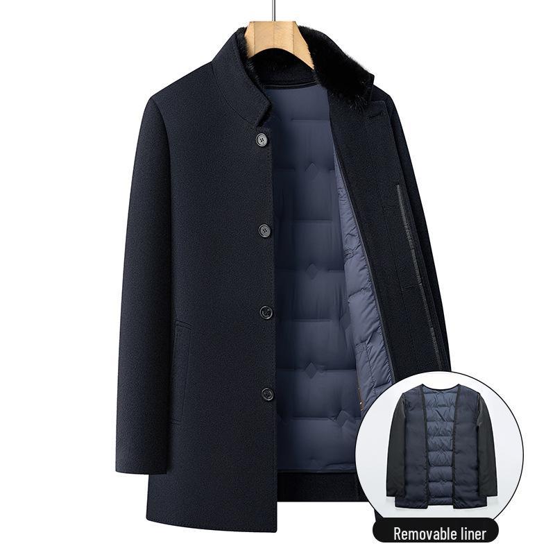 Men's Mid-Length Wool Coat with Removable White Goose Down Liner - Thickened Warm Windbreaker for Autumn/Winter Season