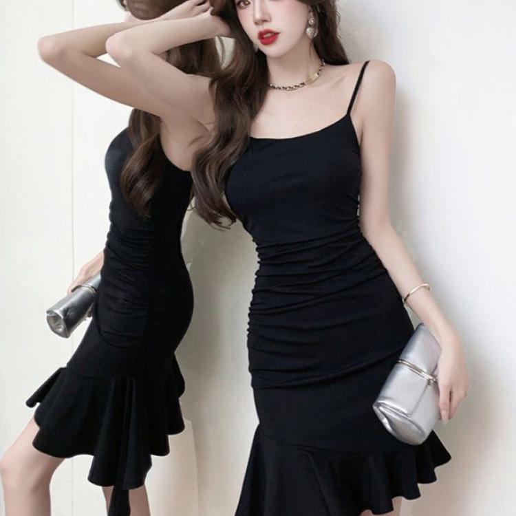 Women's Summer Black Strappy Mini Dress with Waist-Cinching Irregular Fishtail Skirt
