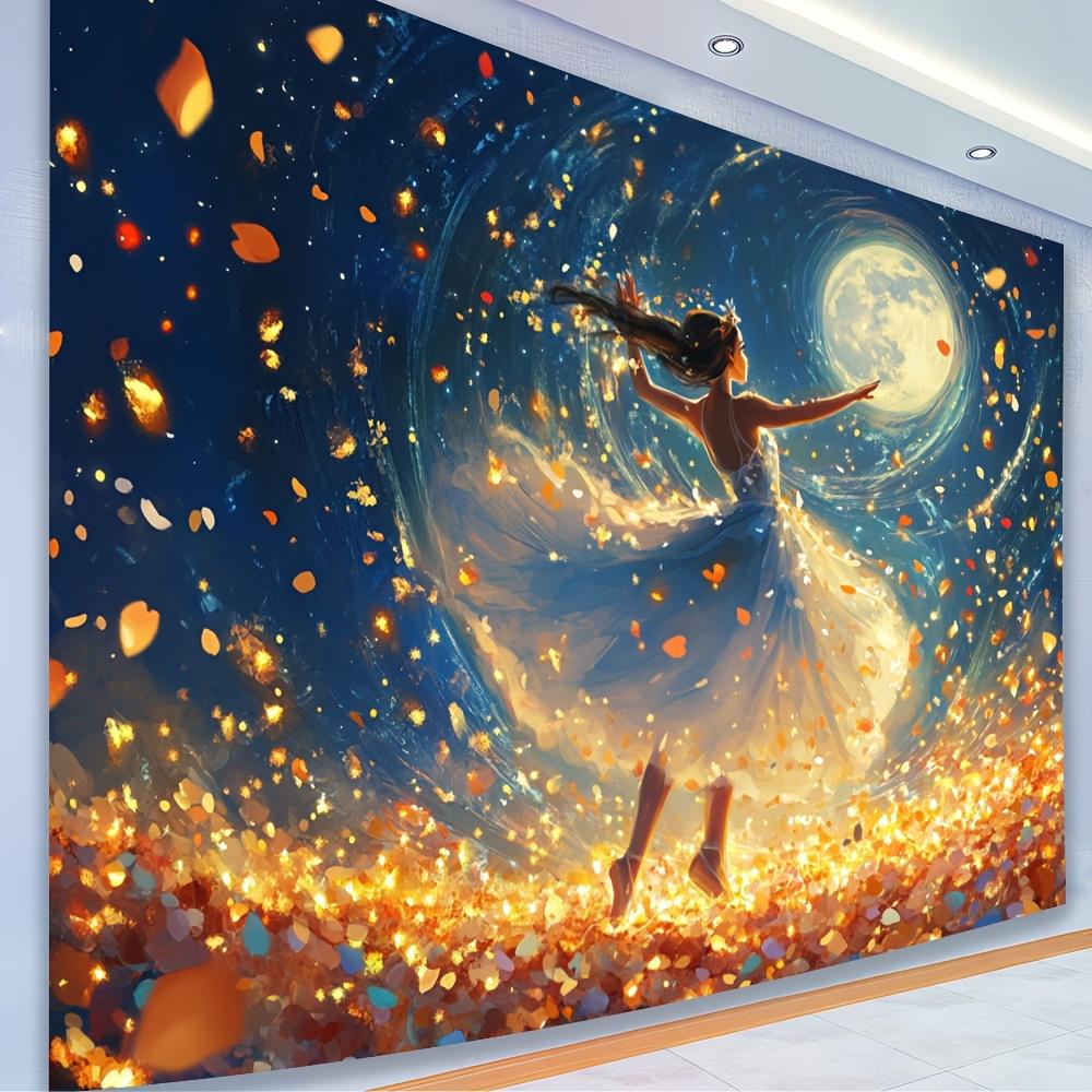 Elegant "Dancing Girl Under Moonlight" Polyester Tapestry - Vibrant, Colorful Wall Art for Living Room, Bedroom, Office,
