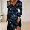 Women Plus Size V Neck Long Sleeve Black Mandala Printed Curved Hem Dress