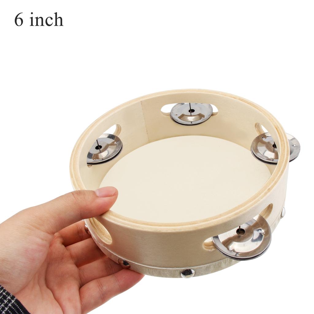 Wood 6 8 10 Inch Hand Held Tambourine Sheepskin Head Single Row Jingles Church Party KTV Musical Educational Rhythm Percussion Instrument Gifts