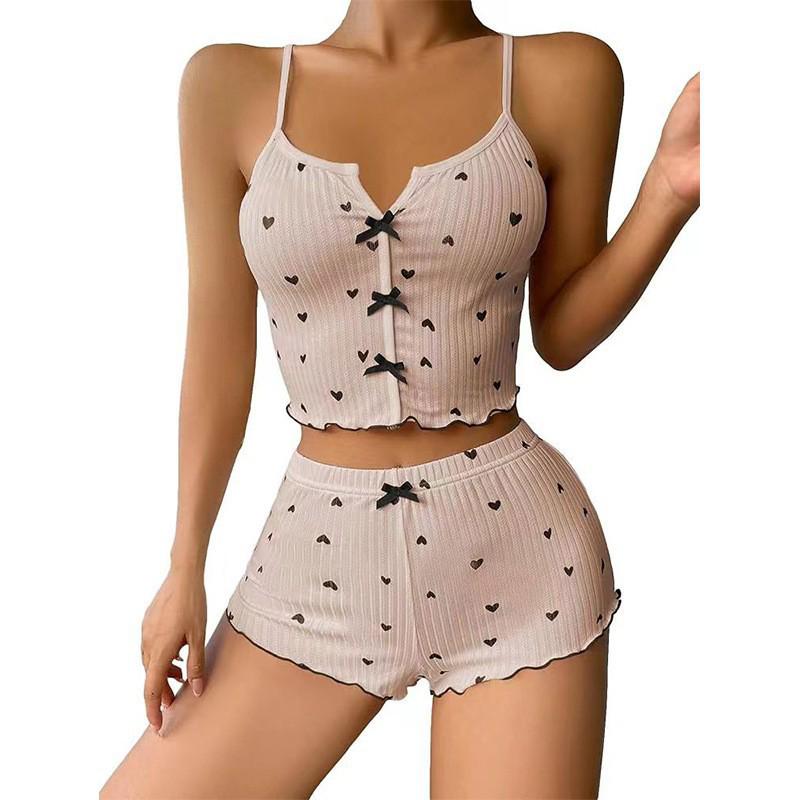 Ensemble pyjama camisole à imprimé cœur et nœud - Ensemble deux pièces confortable en côtes pour la détente