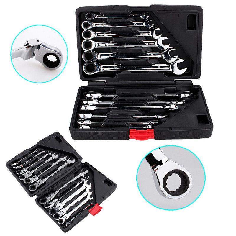 12Pcs/Set Metric Flexible/Fixed Spanners Ratchet Wrench Polished Tool Kit 8-19mm