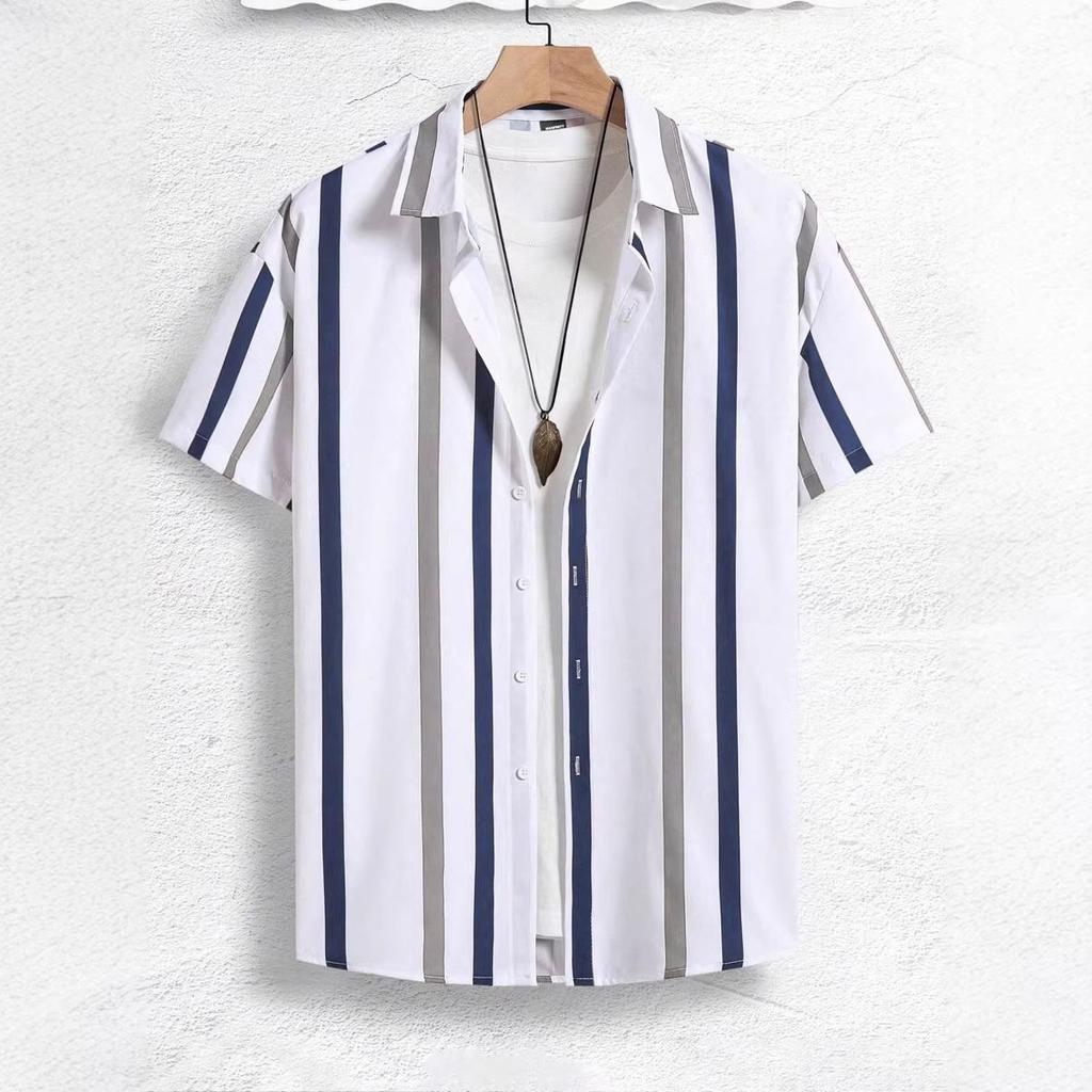 Summer New Men Clothes Short Sleeve Lapel Shirt Tops Fashion Stripe Design Men Tops