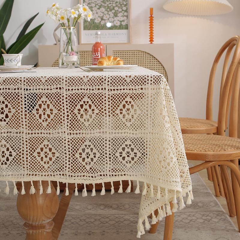 American Retro Beige Crochet Tablecloth - Knitted Non-Slip Hollow Design