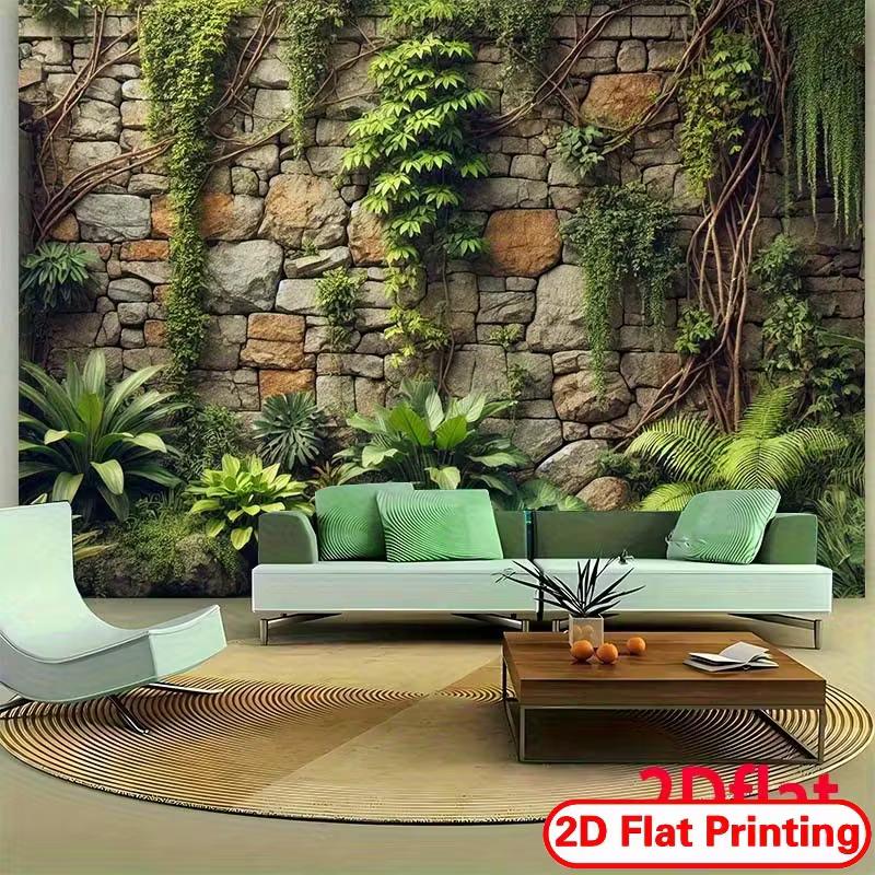 Vintage Garden Stone Wall Tapestry, Climbing Vines and Tropical Plants Print Wall Decor