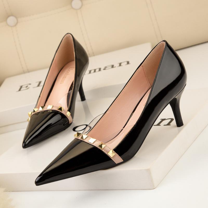 Skinny transparent high heels, thin heels, high heels, patent leather, light mouth, pointed metal rivets, single shoes