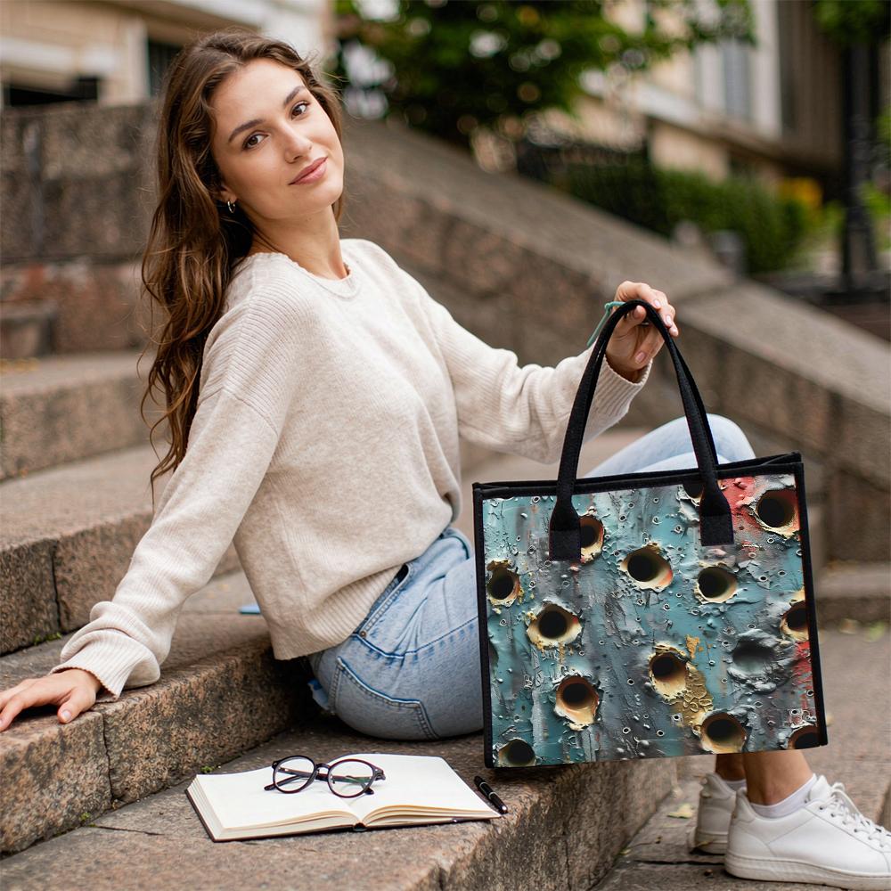 Vintage Metal Hole Print Tote Bag Large Capacity Casual Daily Handbag for Outdoor Commute