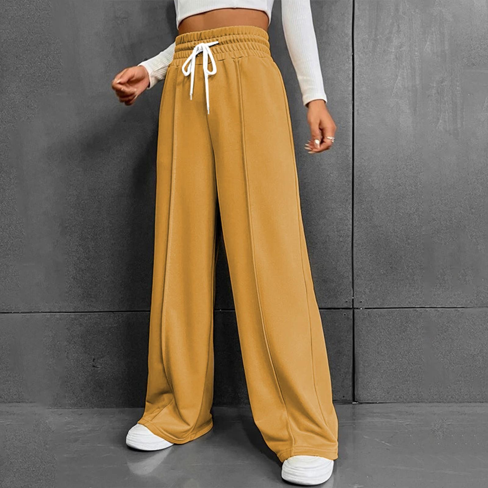 

Женские модные однотонные универсальные повседневные брюки с карманами, свободные спортивные брюки с высокой талией и широкими штанинами на шнурке XL жёлтый