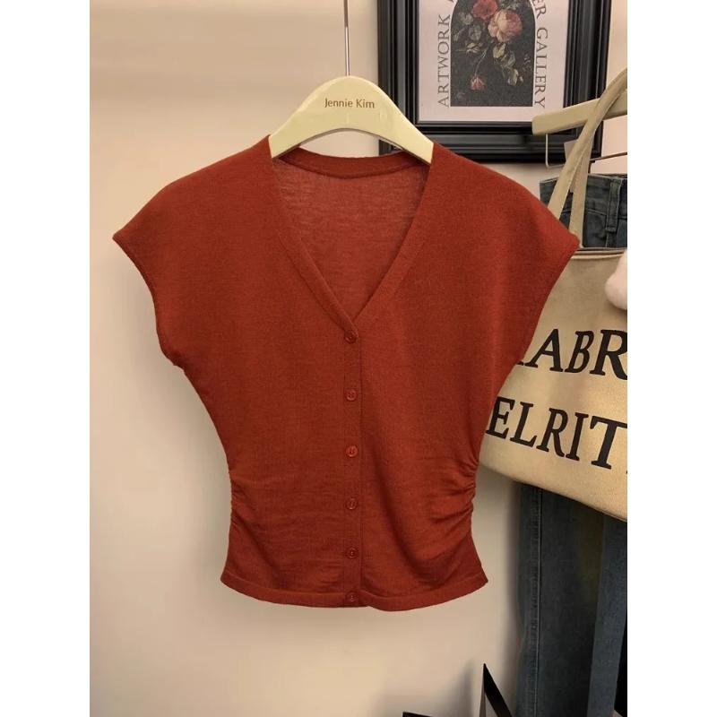 

Women s Summer V-neck Short Sleeve Knitwear Slim Button Decorated Casual Top S червоний