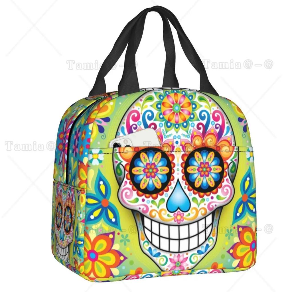 Day Of The Dead Kitten Cat Sugar Skull Lunch Box Multifunction Mexican Halloween Floral Thermal Cooler Food Insulated Lunch Bag