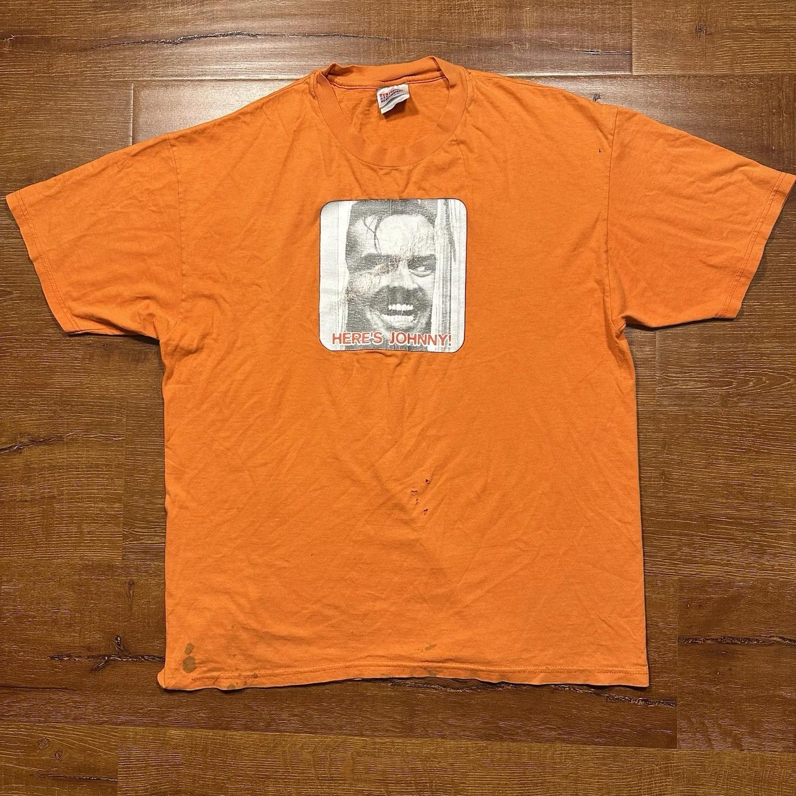 Vintage 90s The Shining T Shirt Mens XL Orange Heres Johnny Jack Nicholson Movie 2XL