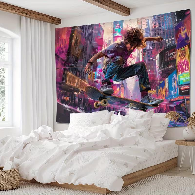 2D Street Skater Boy in Colorful City Wall Tapestry Graffiti Art Background Cloth for Living Room Home Decor