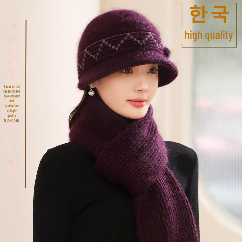 Winter Luxury Rabbit Fur Knit Hat & Scarf Set - Thick, Warm, Ear-Protecting for Middle-Aged & Elderly