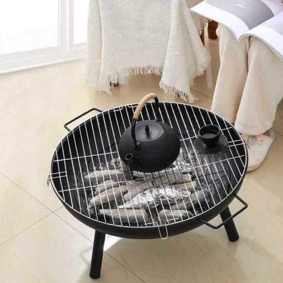 Round Firepit with Carbon Mesh Indoor Outdoor Backyard Balcony Patio Charcoal Burner Portable Detachable Brazier Heavy Duty Household Stove