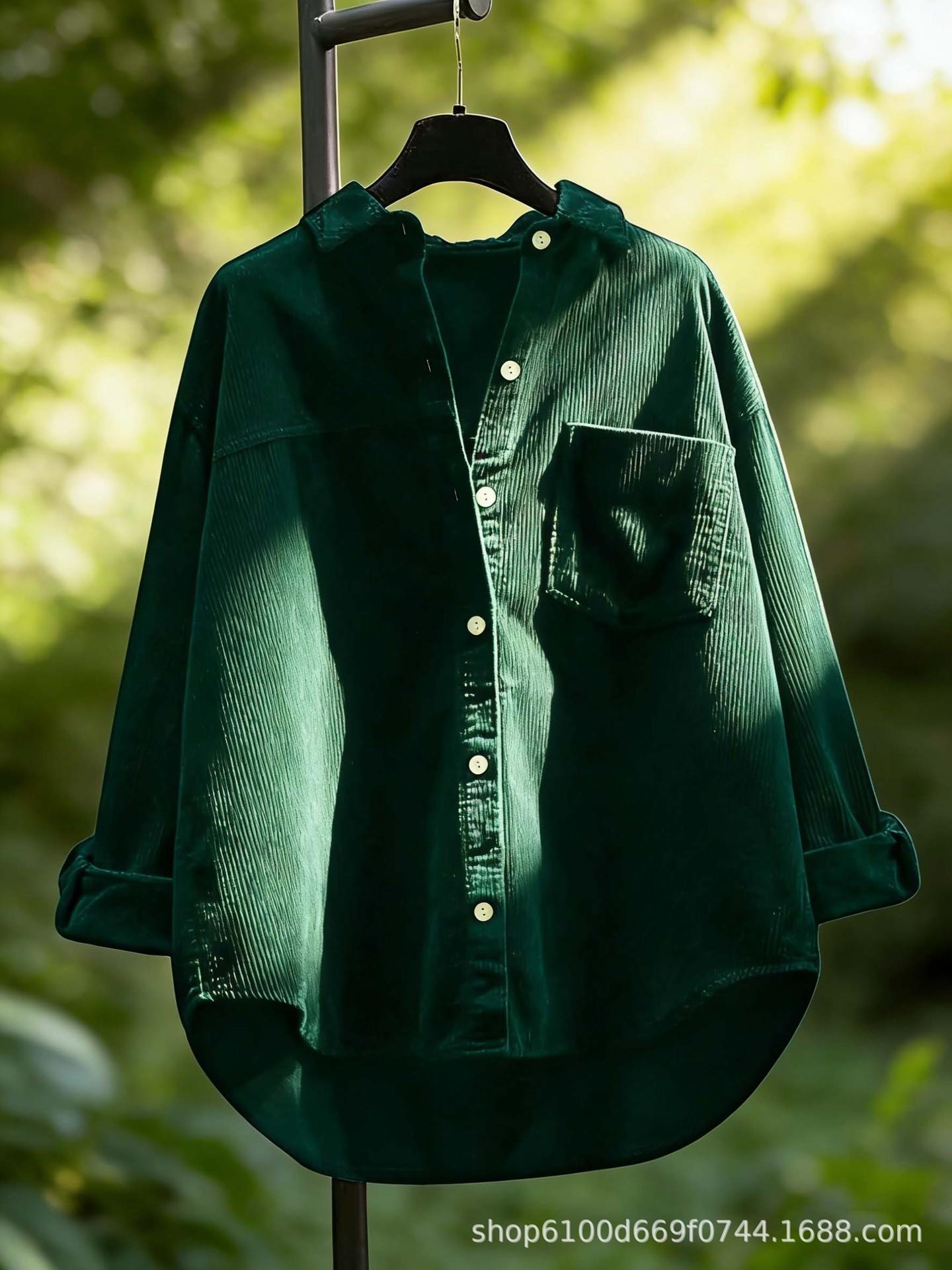 

Women s Plus Size Long-Sleeved Corduroy Shirt Jacket M темно-зелений колір