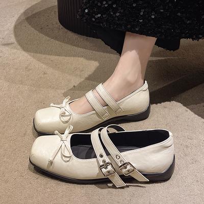 Neuer Stil Damen Schuhe mit eckiger Zehenpartie Luxus Schleife Ballerinas Damen Silber Gürtelschnalle Schuhe Elegant Mode Mary Jane Schuhe