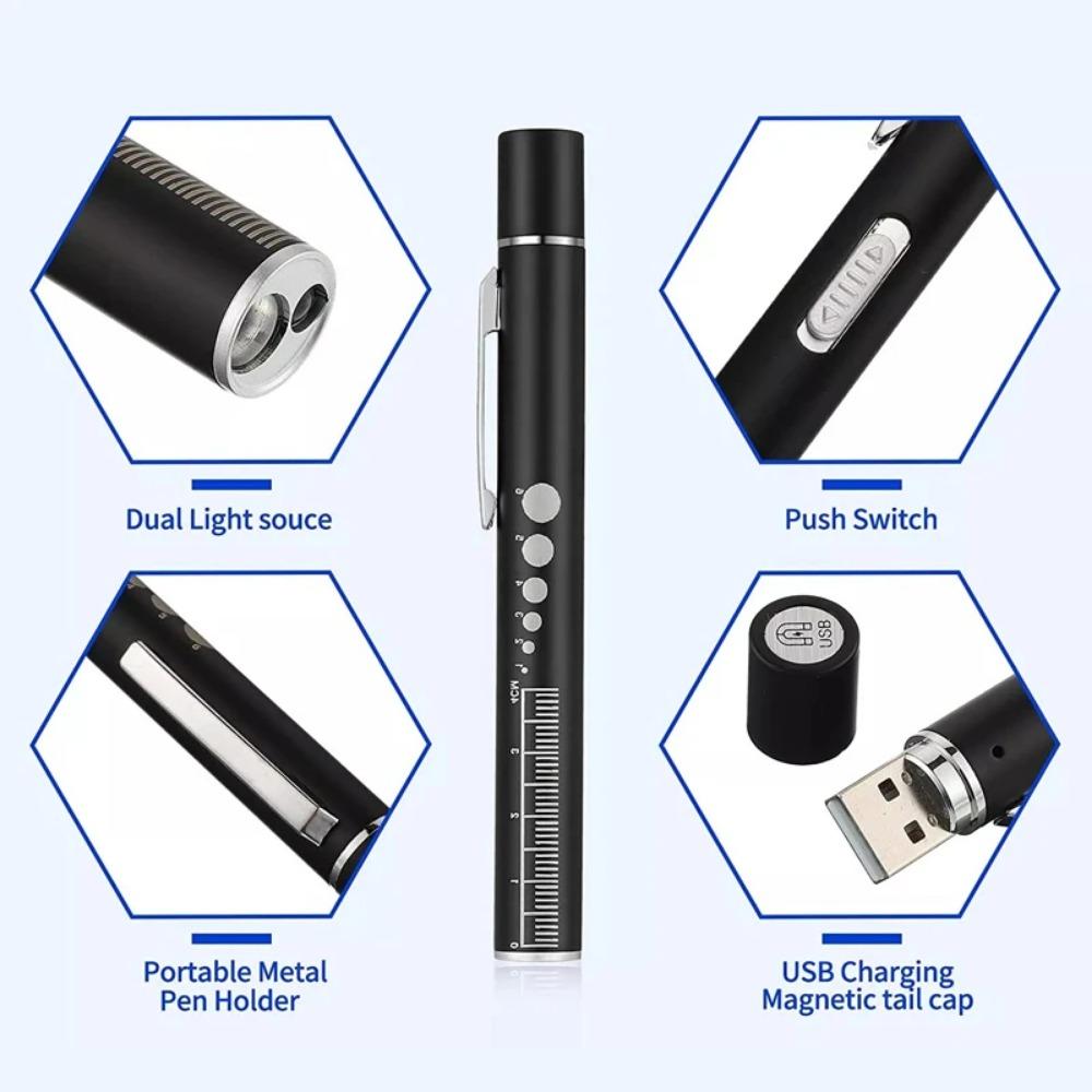 2 in 1 Nursing Flashlight USB Rechargeable Medical Handy Pen Light LED Torch Lamp with Stainless Steel Clip Pocket