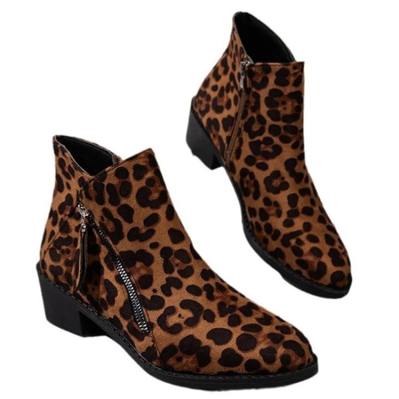 Fashion Big Size Leopard Boots Women  Autumn And Winter New Side Zipper Single Boots Women