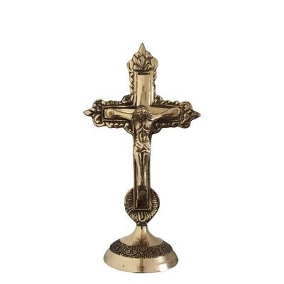 Pure Brass Christian Cross Jesus Christ Tabletop Statue | Idol On Cross In Antique Finish for Prayer | Worship Home Office Decoration Golden (5 Inch)