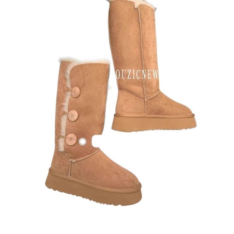 2024 Ladies Shoes Mid-Calf Women's Boots Warm Snow Boots Women Buttons Round Toe Flat with Platform Slip on Outdoor Shoes Female