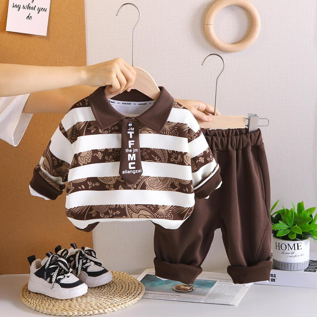 Boys' long sleeved two-piece set - tie striped POLO shirt+casual pants - High-quality clothing - size S-XXL