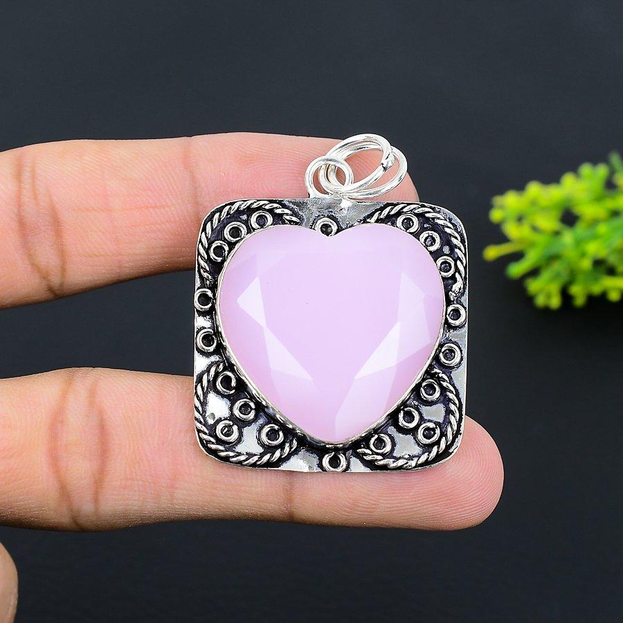 Natural Pink Chalcedony Gemstone 925 Sterling Silver Gift Pendant 2.13" m3C77