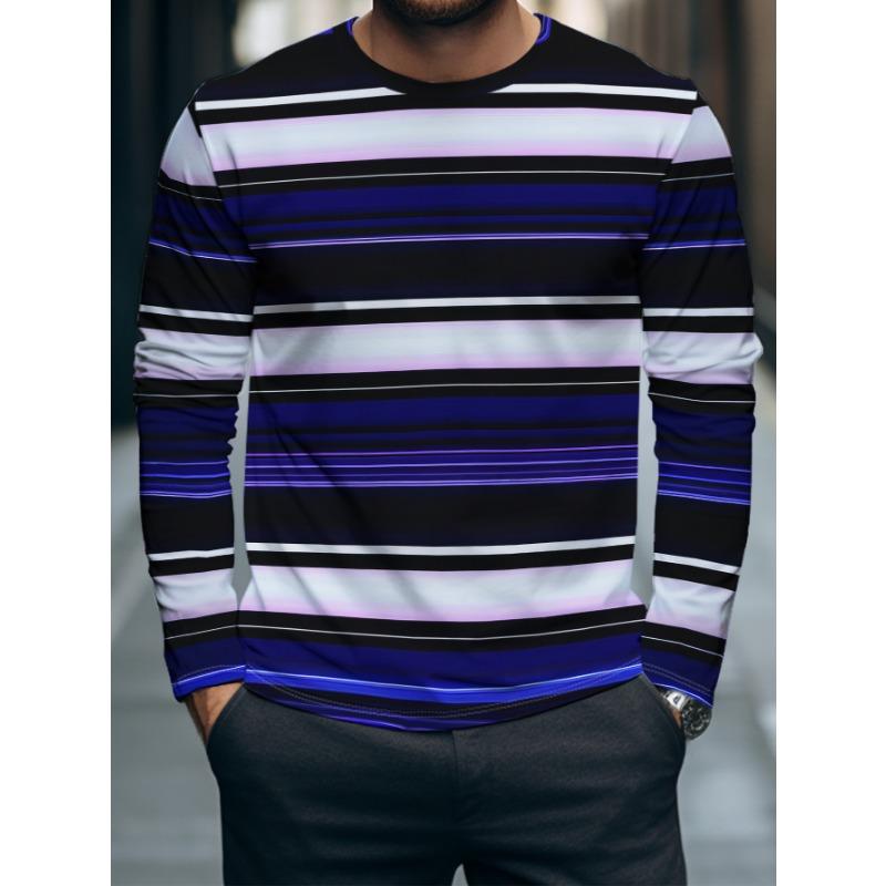T-shirt à manches longues pour homme, Nouveau style d'automne, Fibre de polyester, Haut respirant à rayures imprimées, Couche de base décontractée et polyvalente à col rond
