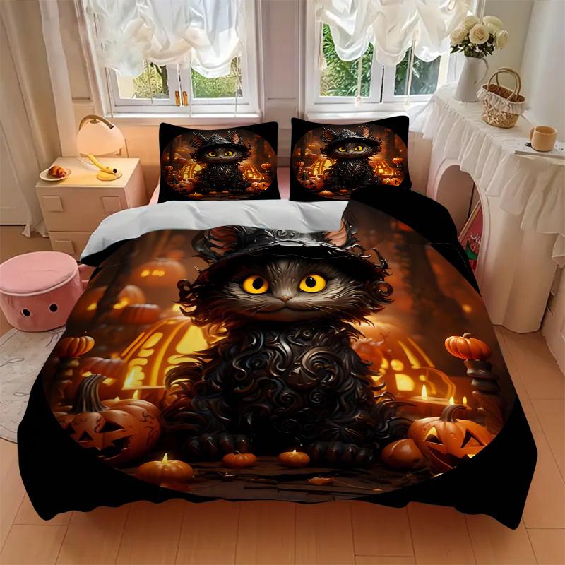 3pcs Handsome Black Cat Halloween Pattern Bedding Set, 1* Cover + 2*Pillowcases, Printed Bedding Set, Soft and Comfortable, Suitable for Bedroom