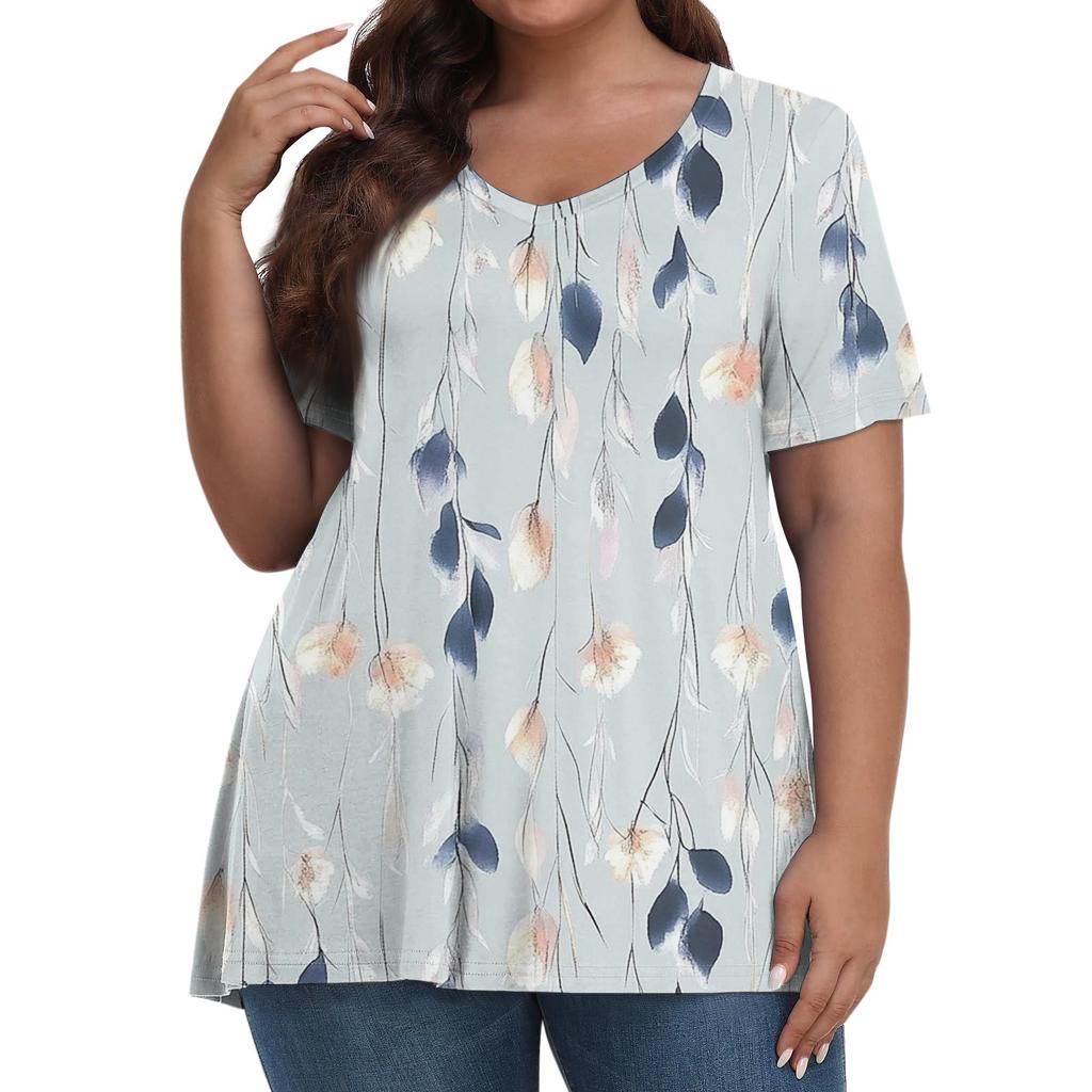 Tops femininos plus size, camisas de manga curta, gola em V, roupas casuais, estampas, tops