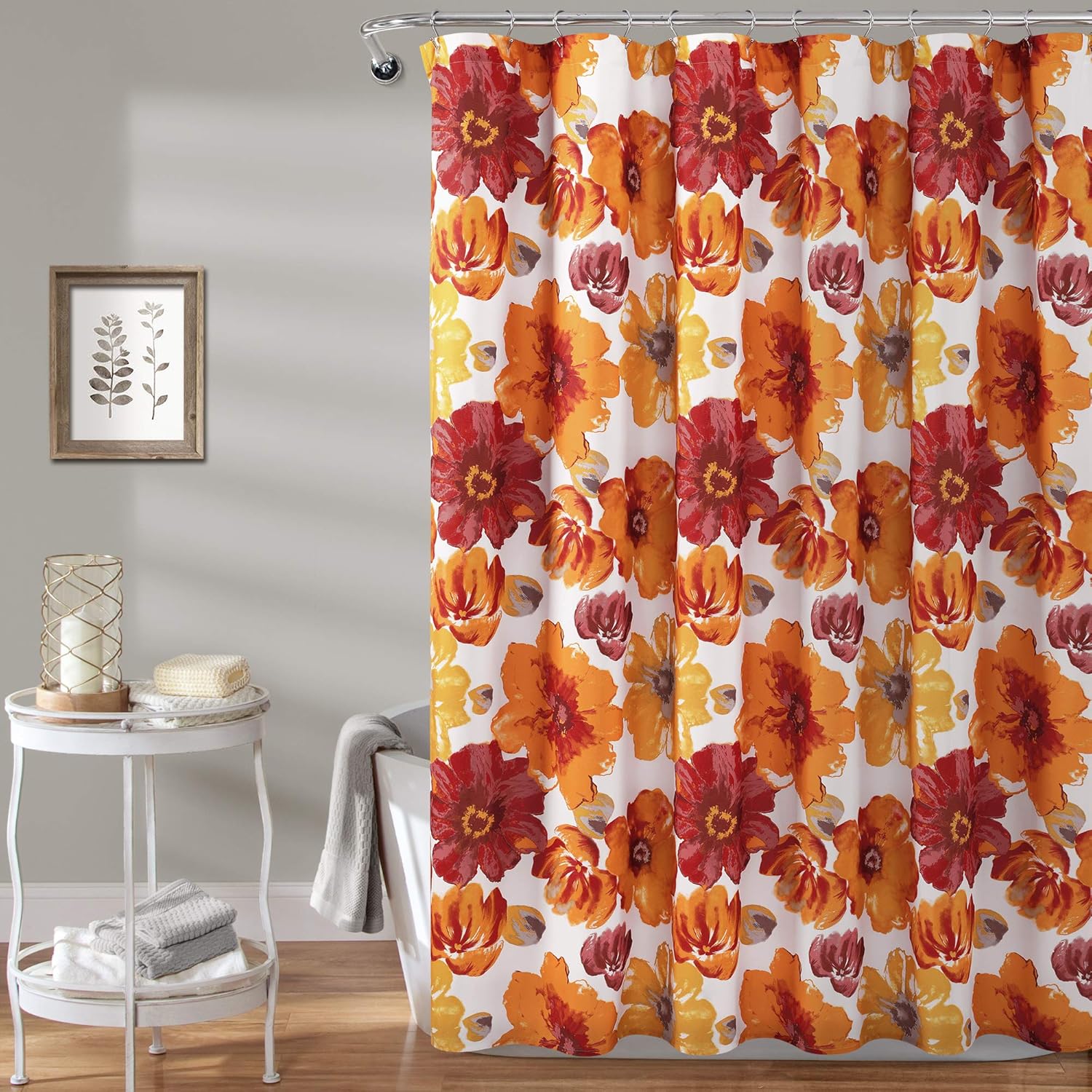 

Lush Decor Leah Floral Shower Curtain, 72 W x 72 L, Red & Orange - Fabric Shower Curtains - Watercolor Botanical Bathroom Curt 90x180cm
