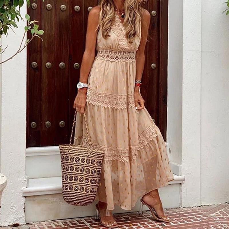 Women Chiffon Party Maxi Dress Polka Dot Boho Crochet Lace V Neck Beach Sundress