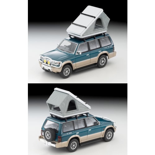 TOMYTEC Tomica Limited Vintage Neo 1/64 Scale LV-N206c Mitsubishi Pajero Mid-Roof Wide VR with Optional Parts, Green/Beige, 1991 Model, Includes Tent