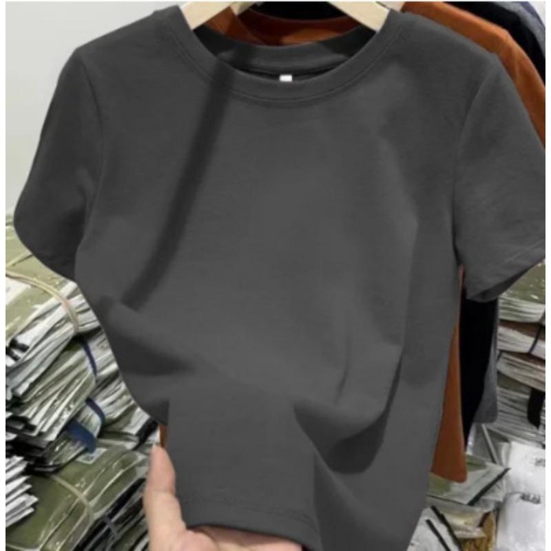 

Жіночі модні повсякденні літні весняні одноколірні блузки та сорочки з коротким рукавом і круглим вирізом із принтом YYFS L темно-сірий