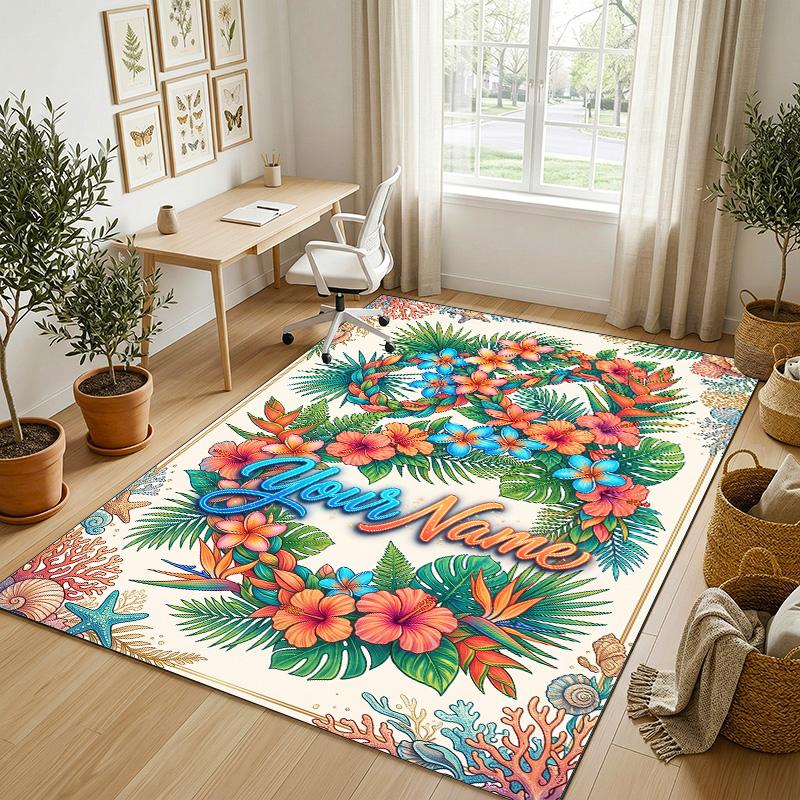 Floral Garden Theme Crystal Velvet Rug Personalized Custom Name Text Soft Floor Mat Home Decor