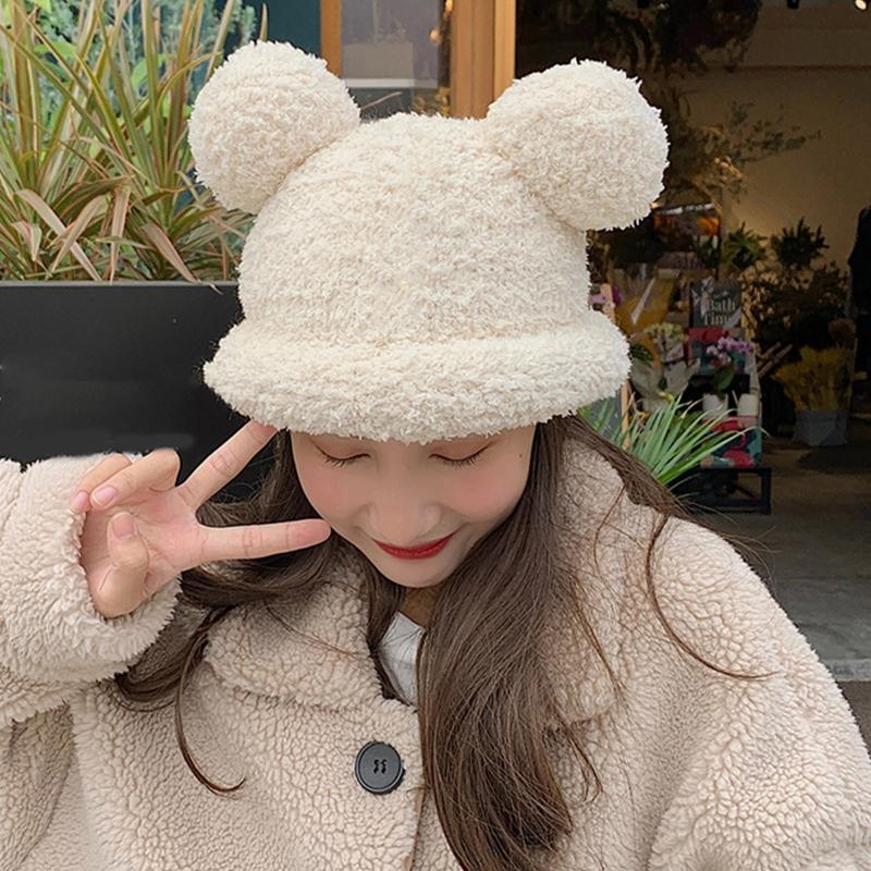 Adult Cartoon Bear Ear Shape Polyester Bucket Hat Fluffy Winter Warmer Plush Fisherman Cap Winter Gifts for Girlfriend