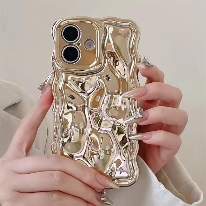 

Роскошный чехол для телефона с 3D-текстурой волны, мягкий, однотонный, для iPhone 17 16 15 14 13 12 Pro Max 11, креативная полная защита, противоударный бампер iPhone 16E золотой
